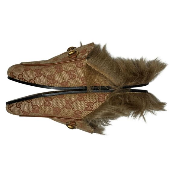 Gucci Princetown Monogram Beige GG Canvas Fur Lined Loafers Slides Size 36 - Picture 6 of 11